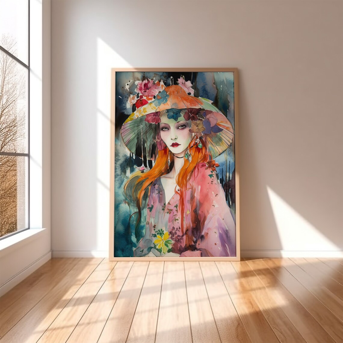 Vintage Aesthetic Watercolor Wall Art Trendy Boho Chic Woman With ...