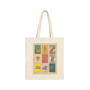 May include: Cream-colored tote bag featuring a grid of colorful, vintage-style illustrations. The illustrations are reminiscent of traditional Mexican Loteria cards, with images of people, objects, and animals. The bag has a simple design with long handles.