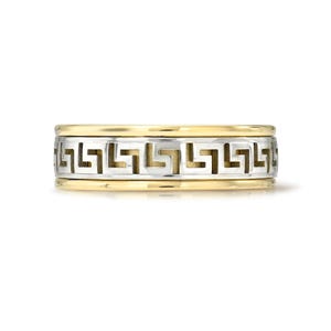 14K Solid Two Tone Gold Greek Key Ring I 6.00 MM Wide Meandros Ring I Greek Key Jewelry I Meander Ring I Unique Solid Greek Key Ring.