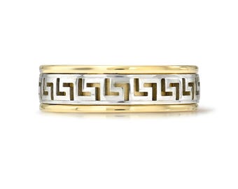 14K Solid Two Tone Gold Greek Key Ring I 6.00 MM Wide Meandros Ring I Greek Key Jewelry I Meander Ring I Unique Solid Greek Key Ring.