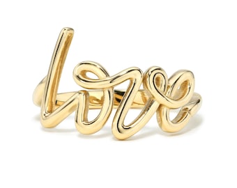 Solid 10k Yellow Gold "Love" Script Statement Ring - High Polish, Size 9.75