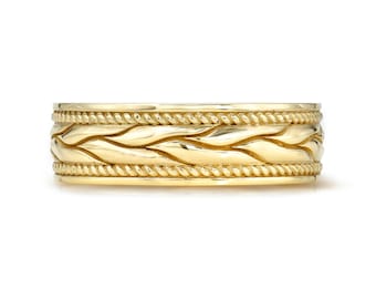 14K Gold Braided Wedding Band Set I Wheat Pattern Rings I Mens 6.50 MM Wide Wedding Band I Engagement Band I Promise Ring I Unique Mens Band
