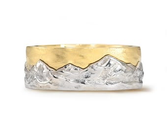 14K Mountain Like Two Tone Band I Men Unique Band I Men Engraved Like Engagement Ring I Anniversary Gift I Nature Inspired Unique Ring.