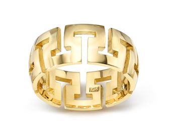 14K Dome Greek Key Ring I Geometric Greek Key Ring I 7.60 MM Wide Greek Key Ring I Meander Ring I Meandros I Greek Infinity Ring I Unique.