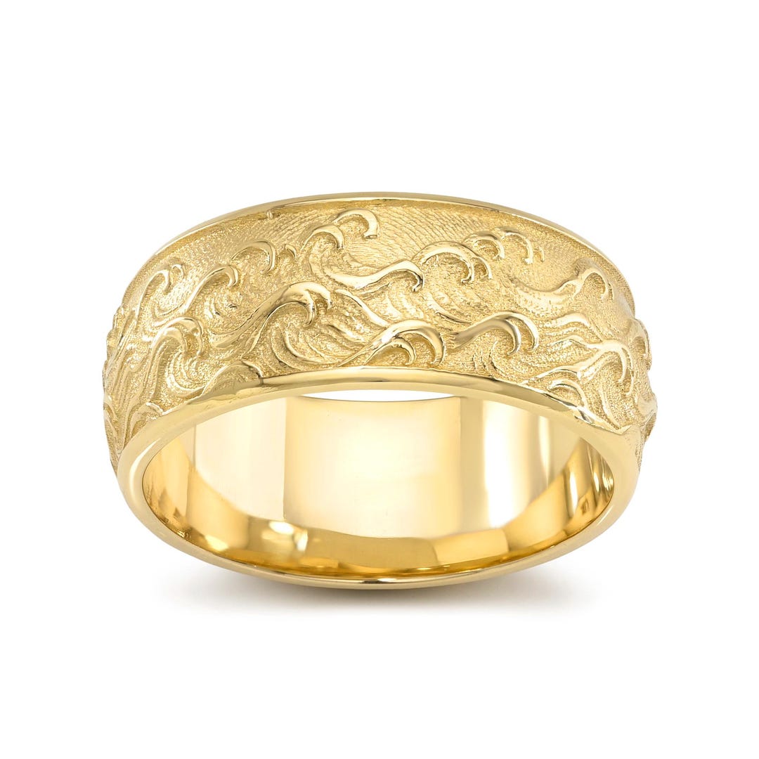 14K Solid Gold Ocean Wave Ring I 7.50 MM Wide Oceanic Band I Yellow ...