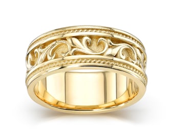 14K Gold Floral Pattern Wedding Band I Solid Gold Wedding Band I Mens 7.75 MM Wide Wedding Band I Unique Band With Rope.