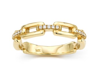 14K Gold Chain Ring I Diamond Link Ring I Dainty Diamond Link Ring I Womens Diamond Link Ring I Unique Chain Ring With Diamonds.
