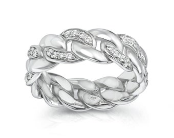 14k Diamond Ring Link Wedding Band I 7.00 MM Diamond Cuban Ring I Curb Ring I White Gold Mens Cuban Band I Unique Men Cuban Ring