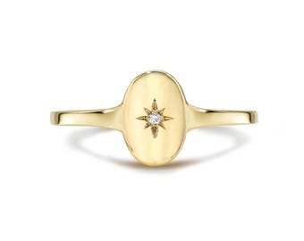 14K Gold Oval Guardian Signet Ring I Star Oval Shape Dainty Ring I Diamond Signet Ring I Oval Shape Signet Ring I Unique Star Engraved Ring.