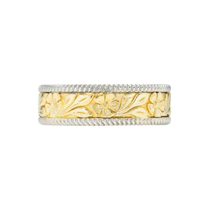 14K Hawaiian Like Wedding Band I 6.00 MM Wide Wedding Band I Flower Wedding Band I Solid Gold Flower Engraved Like Band I Unique Band.