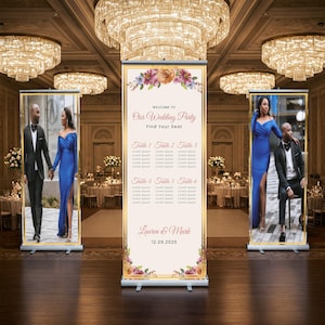 Drei anpassbare Fotos & Hochzeit Sitzplan versenkbare Banner, Event Foto Banner, Sitzplan, versenkbare Banner, kostenloser Versand.