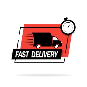 May include: A red and black graphic with a truck and a stopwatch. The text "FAST DELIVERY" is in a black box.