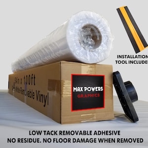 May include: A roll of 54-inch by 100-foot white removable vinyl in a cardboard box. The box has the text "MAX POWERS GRAPHICS" printed on it. The vinyl is low tack and leaves no residue when removed. An installation tool is included.