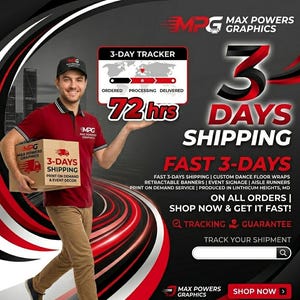 May include: A man in a red polo shirt and a baseball cap holds a cardboard box with a 3-Days Shipping logo. The image promotes fast shipping with a 3-day delivery promise. Text includes "Shop Now & Get It Fast!" and "Track Your Shipment."