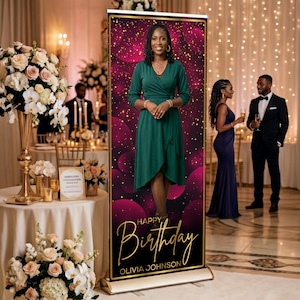 May include: A tall vertical banner display featuring a photograph of a person in a dark green wrap dress against a dark purple and gold bokeh background. The text reads Happy Birthday and Olivia Johnson in elegant gold script at the bottom.
