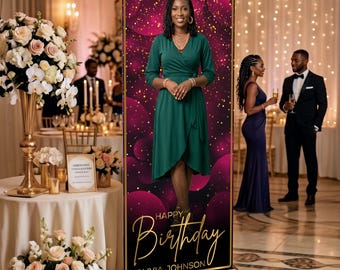 Custom Birthday Retractable Banner, Photo Welcome Sign, Elegant Party Backdrop (33"x80")