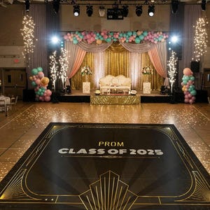 May include: A black dance floor with gold trim and the text "PROM CLASS OF 2025" in white. The dance floor is decorated with gold confetti.