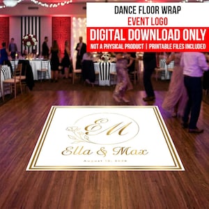 Puede incluir: Un vinilo para pista de baile blanco con borde dorado y diseño floral dorado. El vinilo presenta las iniciales "EM" dentro de un círculo, con los nombres "Ella & Max" y la fecha "10 de agosto de 2026" debajo. El texto "DANCE FLOOR WRAP EVENT LOGO DIGITAL DOWNLOAD ONLY" está en la parte superior.