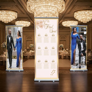 Três fotos personalizáveis e gráfico de assentos de casamento, banner retrátil, banners com fotos de eventos, gráfico de assentos, banner retrátil, frete grátis.