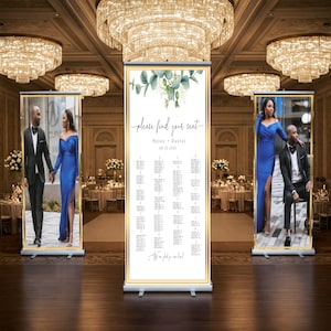 Drei anpassbare Fotos & Hochzeit Sitzplan versenkbare Banner, Event Foto Banner, Sitzplan, versenkbare Banner, kostenloser Versand.