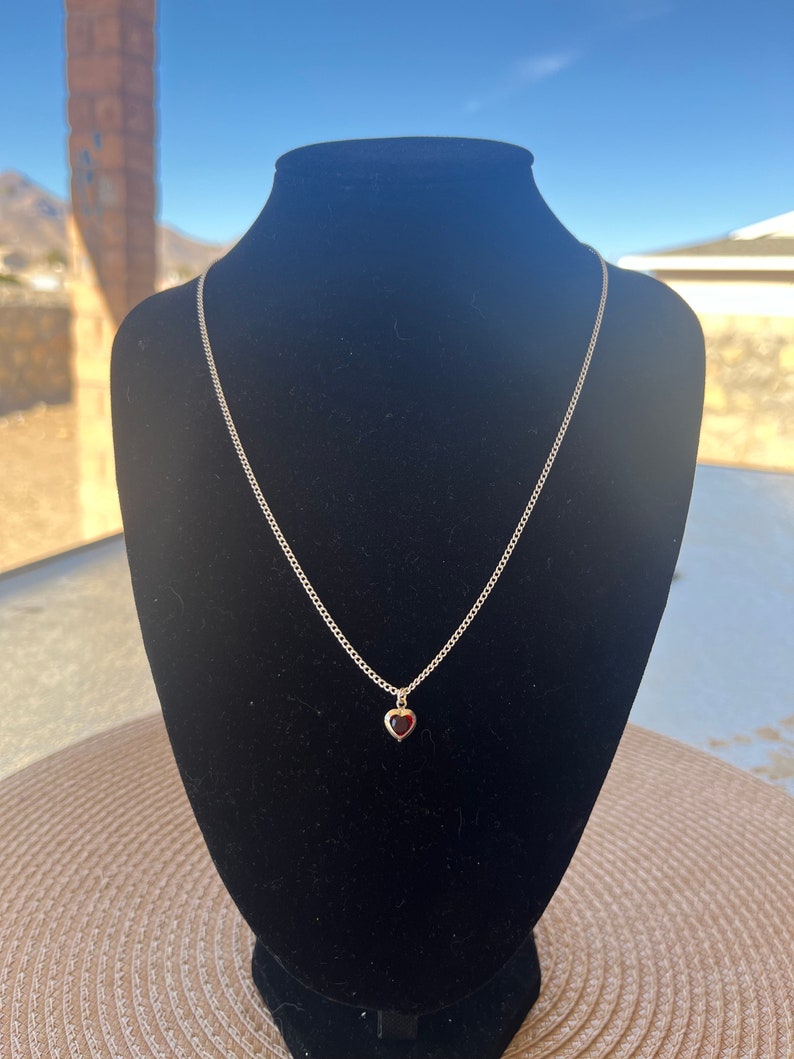 Dainty Silver Necklace With Red Heart Gem 18 Chain Copper Edged Pendant ...