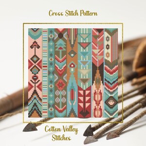 May include: A cross-stitch pattern with a geometric design in shades of teal, coral, brown, and cream. The pattern is framed in gold and features the text "Cross Stitch Pattern" and "Cotton Valley Stitches".