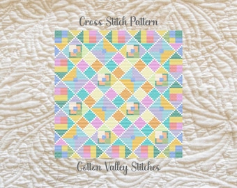 Crazy Quilt Kreuzstich Muster, buntes Pastellmuster, Sofort Download, geometrische Faser Kunst, Quadrat DMC Hobby Handwerk, Frühlingsfarben Kunst