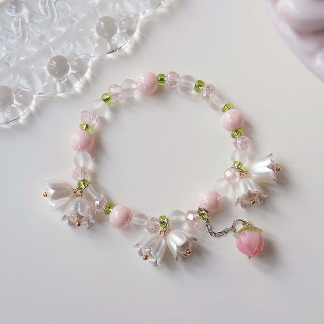 Pearl Lily Flower Bracelet Pink Peach Pendant Bracelet Cute Etsy