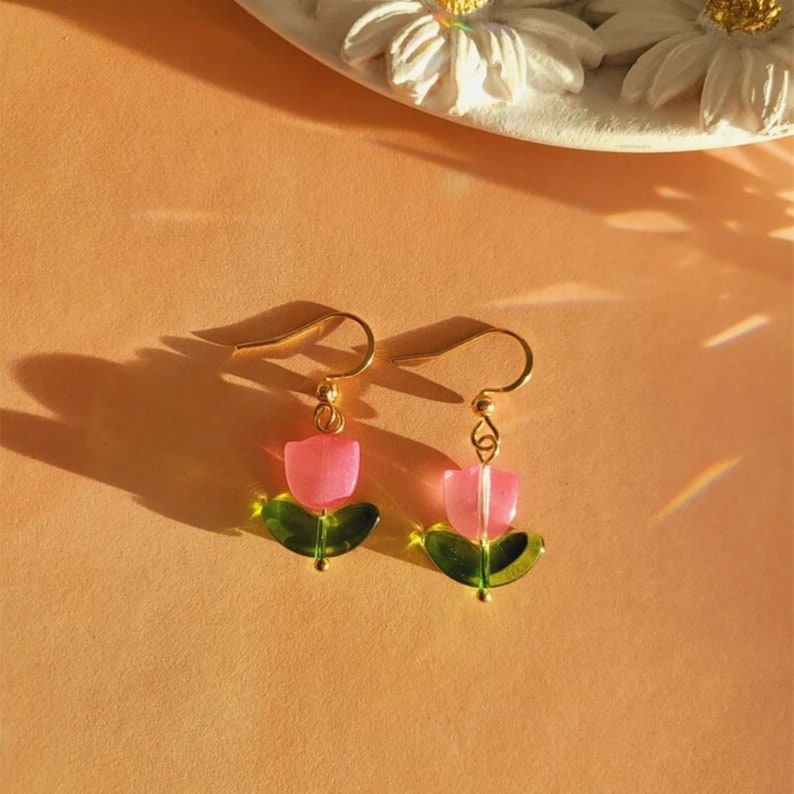 Pink Tulip Earrings Cute Flower Earrings Glass Flower Etsy