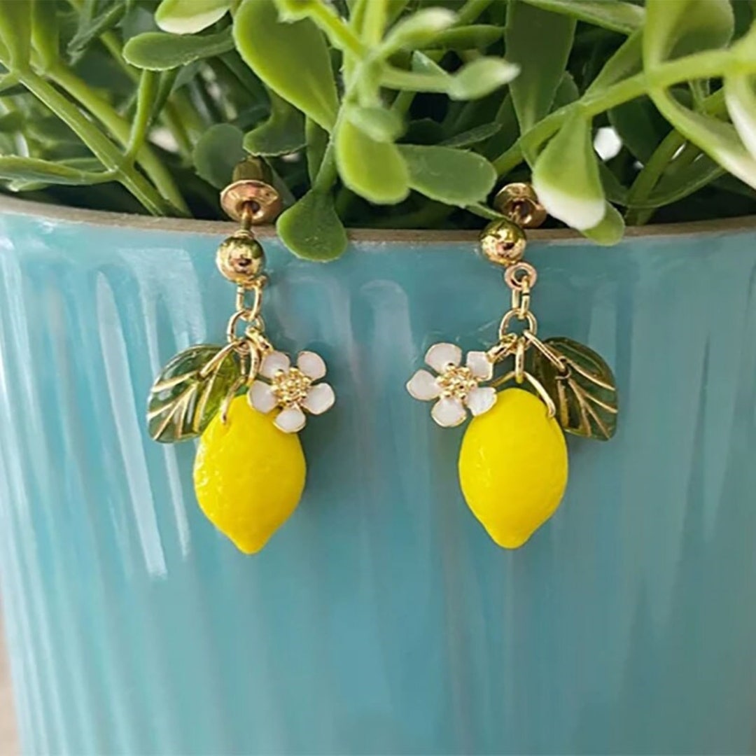 Lemon Drop Earrings, Cute Flower Earrings, Dangle and Drop Earrings, Fun Summer Earrings, Fruit