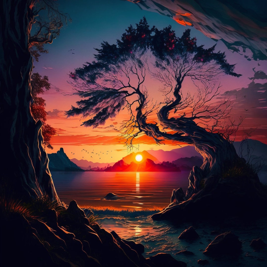 Nature #1 - Sunset Waves, Painting, Digital Art Print, AI Generated ...