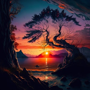 Nature #1 - Sunset Waves, painting, Digital Art Print, AI Generated, Wall Art, AI Art, Digital Download, Home Decor, Printable, 4K HD