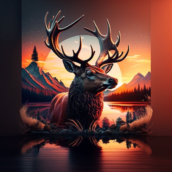 Deer Painting - Digital Art Print, AI Generated, Wall Art, AI Art, Digital Download, Home Decor, Printable, Nature, Sunset, Mountains, 4K HD