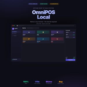 May include: A digital interface for OmniPOS Local, an offline point of sale system. The dark-themed dashboard displays a new sale screen with product icons for espresso, muffins, tea, croissants, juice, and donuts, plus a current order summary.