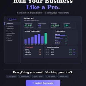 Könnte beinhalten: Ein digitales Business-Dashboard-Interface mit dunklem Design und violetten sowie grünen Akzenten. Die Anzeige zeigt Verkaufsmetriken, Umsatzbalkendiagramme, Top-Produkte, Lagerbestandsmeldungen und aktuelle Transaktionen für ein Kassensystem.