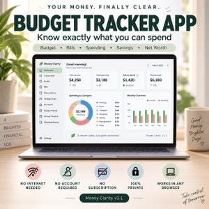 May include: A laptop displaying the Money Clarity budget tracker app dashboard with financial data, charts, and categories. The screen shows income, spending, and savings metrics. Below the laptop are five icons indicating no internet, no account, no subscription, private, and browser compatibility.
