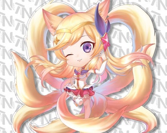 League of Legends - Ahri Chibi Fanart| Durchsichtige Vinyl-Aufkleber | Wasserflasche | Laptop | Geschenk | Gamer Aufkleber | Handgezeichnete Kunst | Laminiert