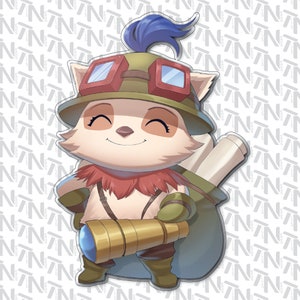 May include: A cartoon illustration of a smiling, light brown and white raccoon wearing a green and brown hat with goggles, a red and brown scarf, and a green backpack. The raccoon is holding a gold telescope.