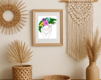 Arte lineal con rostro floral bohemio / Descarga digital de 8x10 / Arte mural minimalista de mujer / Ilustración botánica femenina / Decoración imprimible al instante