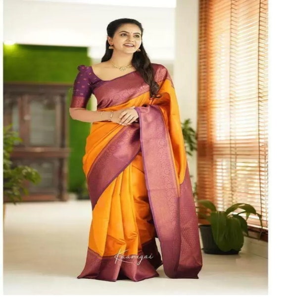 Saree en soie de lichi doux de créateur de 6 couleurs Bollywood style sari en soie du sud, sari audacieux et beau, sari traditionnel indien du sud