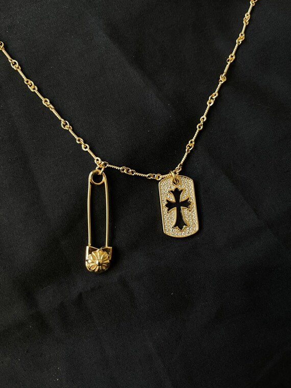 Gold Safety Pin and Dog Tag Necklace CH - Etsy