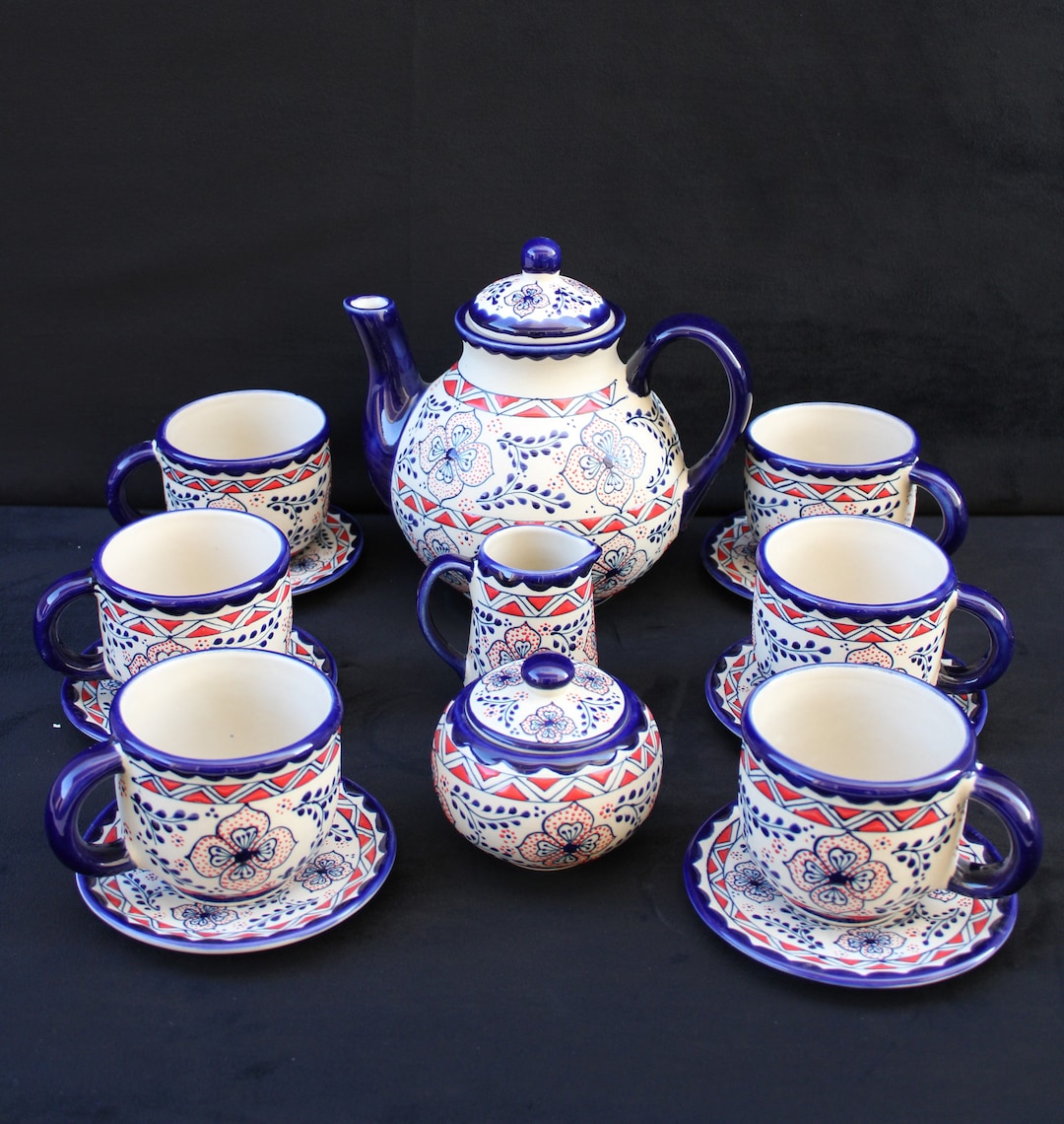 Mexican Talavera Coffee Set of 15 Pieces Ceramic Mugs, Mexican Ceramic