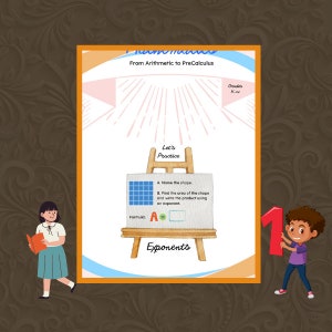 Puede incluir: Una hoja de trabajo colorida con una ilustración de dibujos animados de una niña sosteniendo un libro y un niño sosteniendo un gran número 1. La hoja de trabajo se titula "Let's Practice Exponents" e incluye una cuadrícula de cuadrados con la fórmula "A = a^n" escrita debajo.