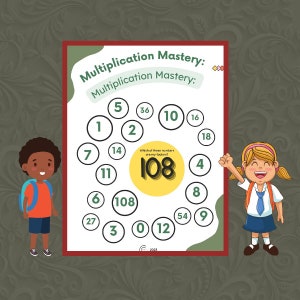 May include: A colorful educational poster with two children, one Black and one White, learning about multiplication. The poster features a circle with the number 108 in the center and asks the viewer to identify the factors of 108 from the numbers surrounding the circle.