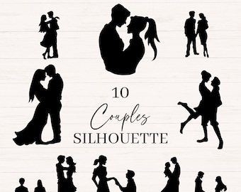 May include: Ten black silhouette images of couples in various poses. The text "10 Couples Silhouette" is in the center of the image.