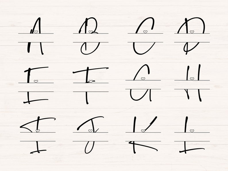 Peut inclure: Un ensemble de 12 lettres de monogramme divis&eacute;es dans un style manuscrit. Chaque lettre est s&eacute;par&eacute;e par une ligne horizontale avec un petit c&oelig;ur au centre. Les lettres sont A, B, C, D, E, F, G, H, I, J, K et L.
