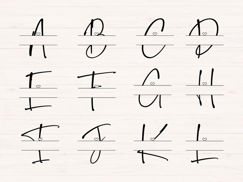 Herz Split Monogramm, Script Split Monogramm, Handschrift Monogramm, minimalistisches Split Monogramm, svg, jpg, png, dxf, cut Files, Alphabet Bundle Bild 2