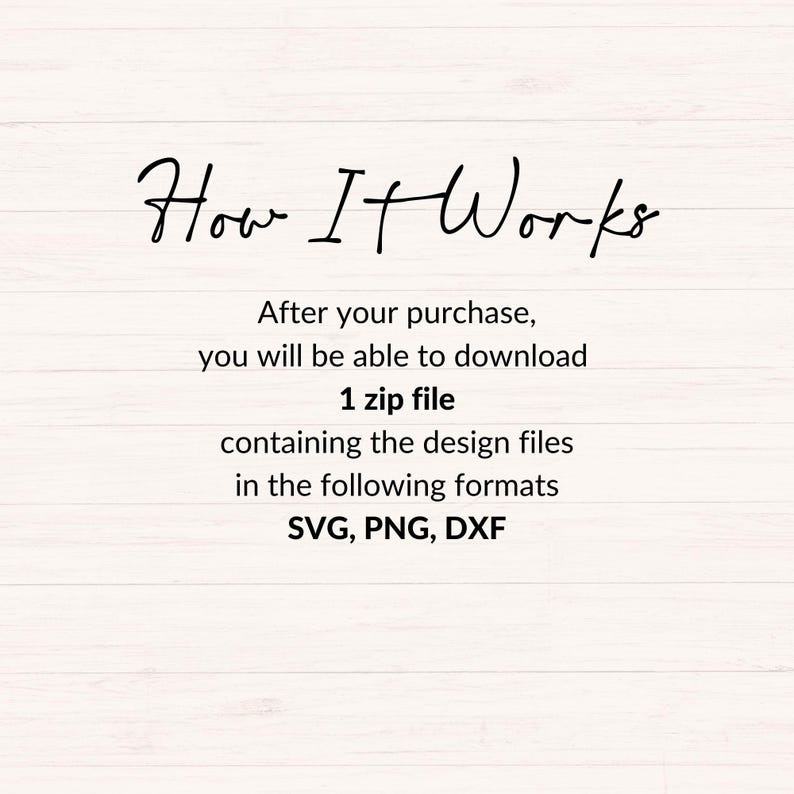 May include: White background with the text "How It Works" in a cursive font. Below, the text explains that after purchase, you can download a zip file containing design files in SVG, PNG, and DXF formats.