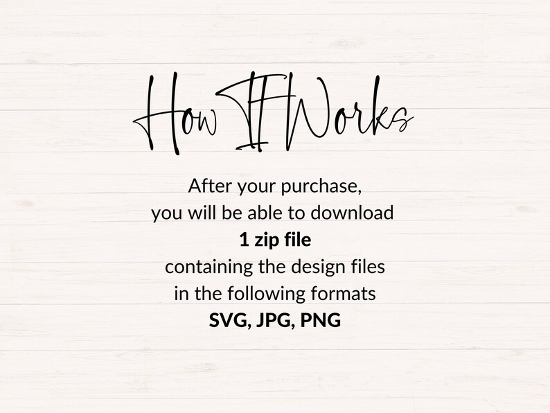 May include: Image with the text "How It Works" in a handwritten style. The text explains that after purchase, a 1 zip file containing design files in SVG, JPG, and PNG formats will be available for download. The background is a light wood texture.