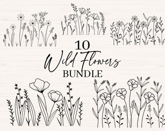 Wildflower svg, Wildflowers Bundle, Field flowers, Flower Border, Minimalist Flowers, Wild flower Clipart, Cut Files, Meadow Flowers svg